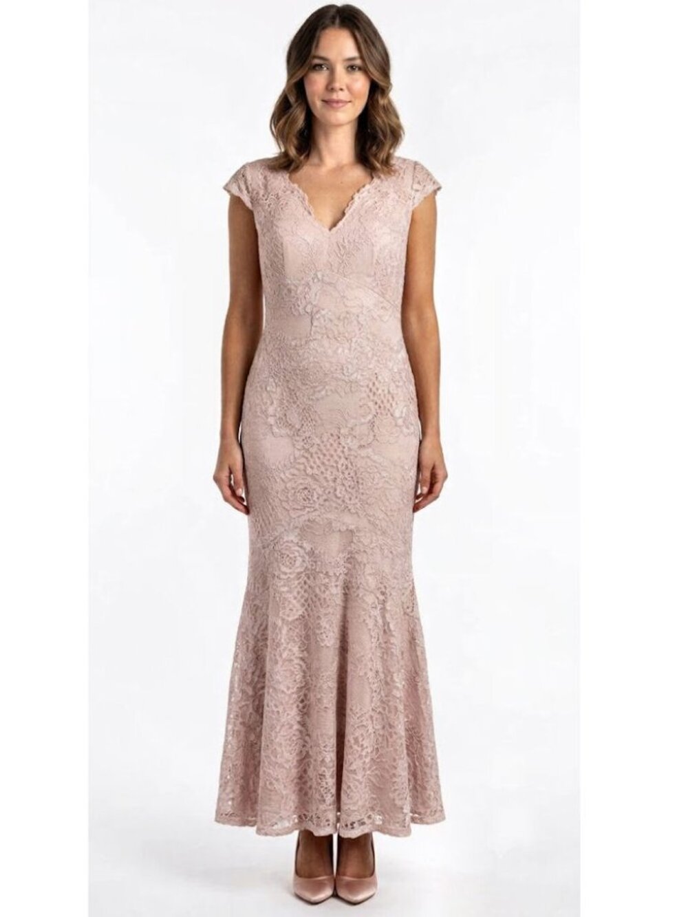 Adrianna Papell Cap Sleeved Lace Godet Gown, Pale Pink Women's Size 4